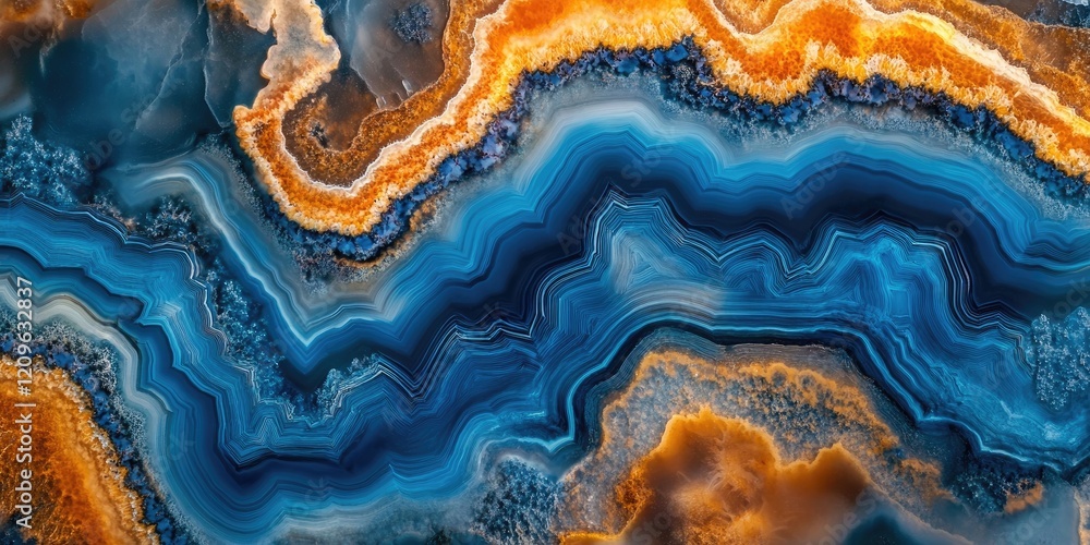 Blue and orange agate slice with wavy patterns creating an abstract mineral background showcasing rich textures and vibrant colors. Blue and orange agate slice with wavy patterns creating an abstract mineral background showcasing rich textures and vibrant colors.