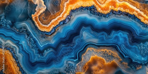 Blue and orange agate slice with wavy patterns creating an abstract mineral background showcasing rich textures and vibrant colors.