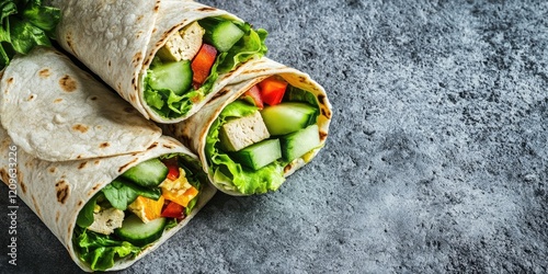 Vibrant vegan tortilla wraps filled with fresh vegetables like cucumber and spinach arranged on a textured grey concrete background with ample space. photo