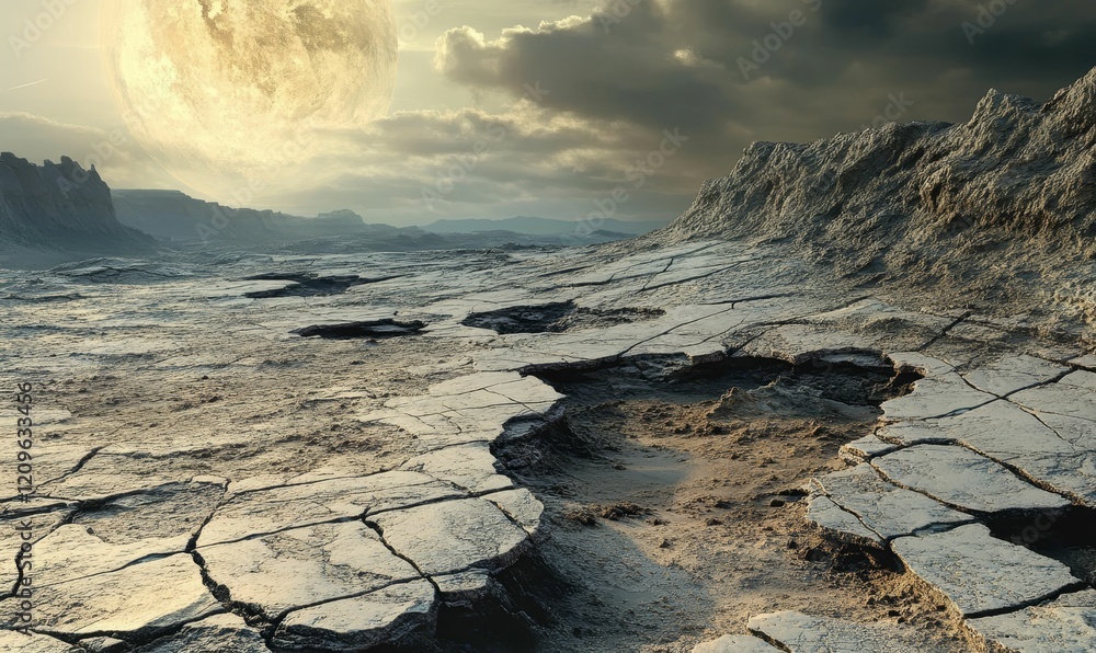 Obraz premium Cracked terrain under large moon with dramatic skies.