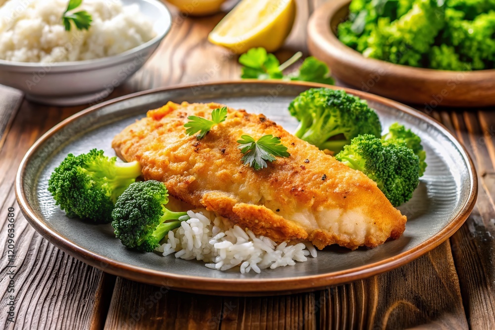Delicious Crispy Fried Fish Fillet with Broccoli and Rice - Healthy Meal Delicious Crispy Fried Fish Fillet with Broccoli and Rice - Healthy Meal