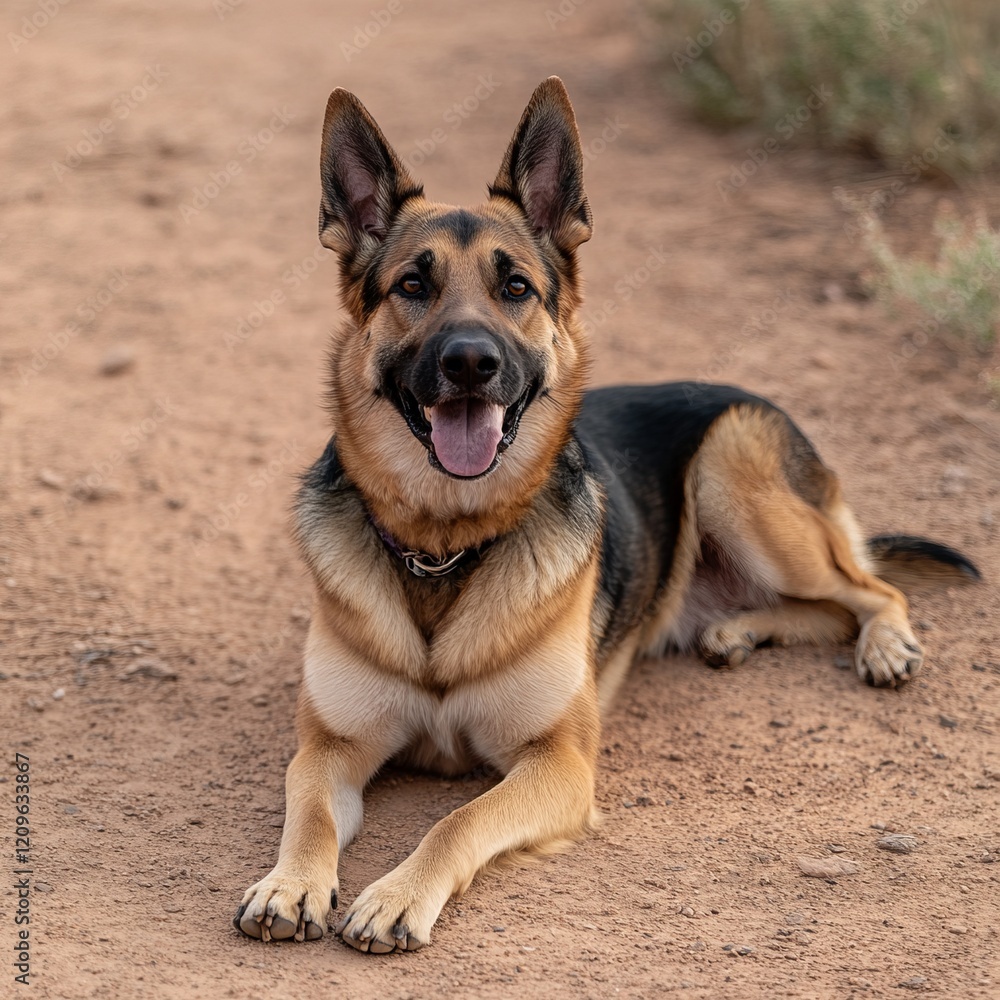 A German Shepherd Dog Relaxing on a Dusty Path. A Sweet and Loyal Companion in Nature. A Happy Dog Portrait in Its Natural Habitat. A Wonderful Moment of Peace and Joy. A German Shepherd Dog Relaxing on a Dusty Path. A Sweet and Loyal Companion in Nature. A Happy Dog Portrait in Its Natural Habitat. A Wonderful Moment of Peace and Joy.