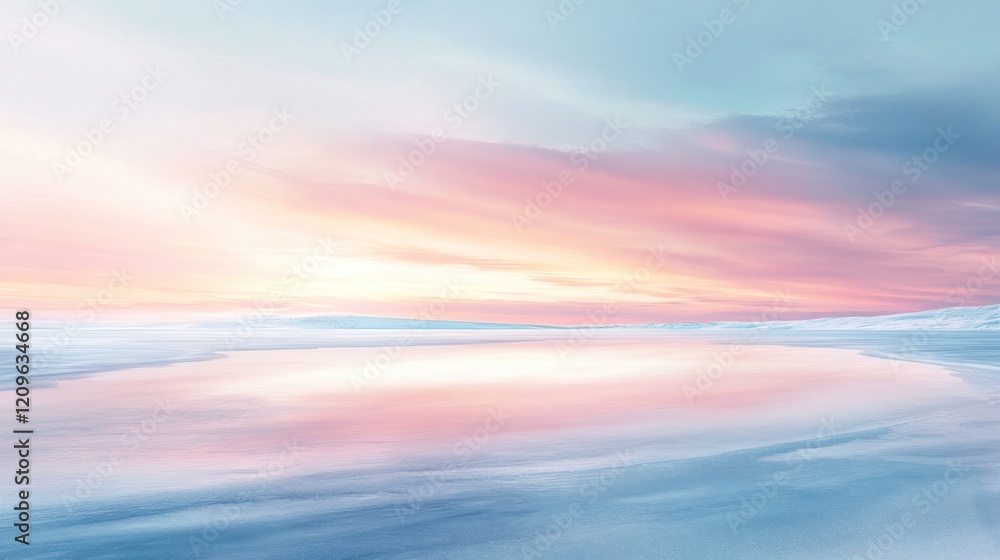 Naklejka premium Pastel sunset reflected in calm water, serene landscape.