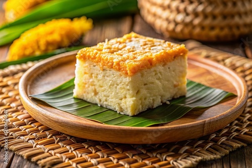 Delicious Filipino Maja Blanca Rice Cake Slice on Woven Plate - Stock Photo photo