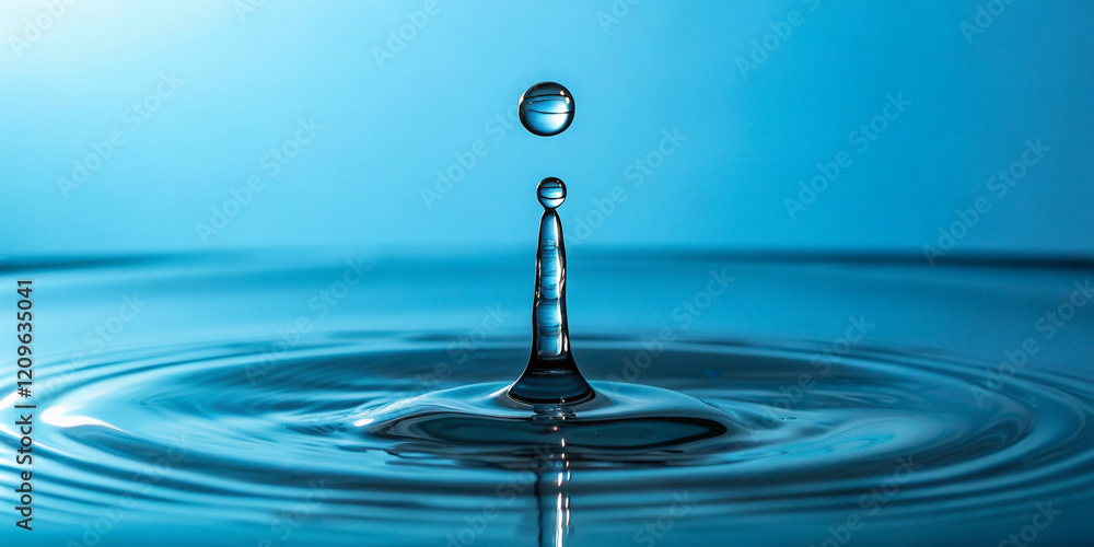 A Drop of Water Coming Out of a Water Tap on a Blue Background, Symbolizing Freshness and Cleanliness A Drop of Water Coming Out of a Water Tap on a Blue Background, Symbolizing Freshness and Cleanliness