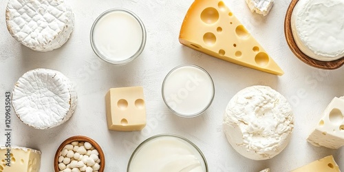 Aerial view of assorted dairy products including cheese, yogurt, and milk arranged on a light textured background emphasizing fresh ingredients photo