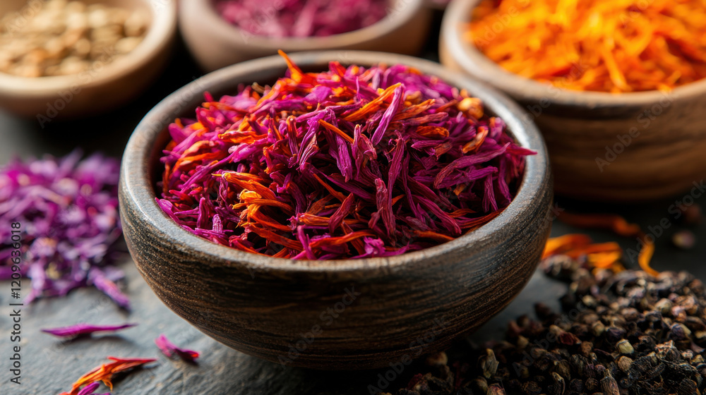 A dark wooden bowl filled with dried saffron petals, showcasing rich purple and orange hues. The scattered spices around add depth, emphasizing the exotic and aromatic nature of saffron.
A dark wooden bowl filled with dried saffron petals, showcasing rich purple and orange hues. The scattered spices around add depth, emphasizing the exotic and aromatic nature of saffron.