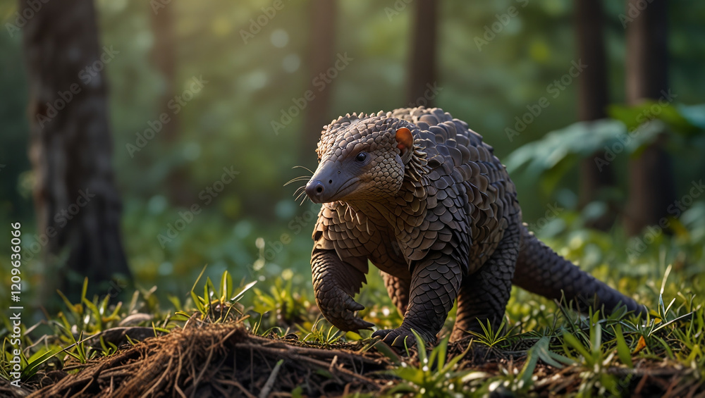 Pangolin. looking for food in the Forest Habitat in the morning Pangolin. looking for food in the Forest Habitat in the morning