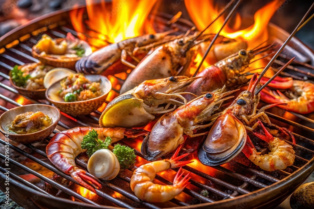 Delicious Grilled Seafood on Charcoal Stove - Summer BBQ Feast Delicious Grilled Seafood on Charcoal Stove - Summer BBQ Feast