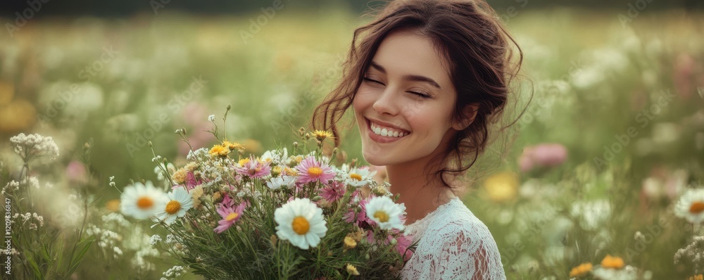 Portrait of a joyful woman holding a bouquet of wildflowers in a meadow. Portrait of a joyful woman holding a bouquet of wildflowers in a meadow.