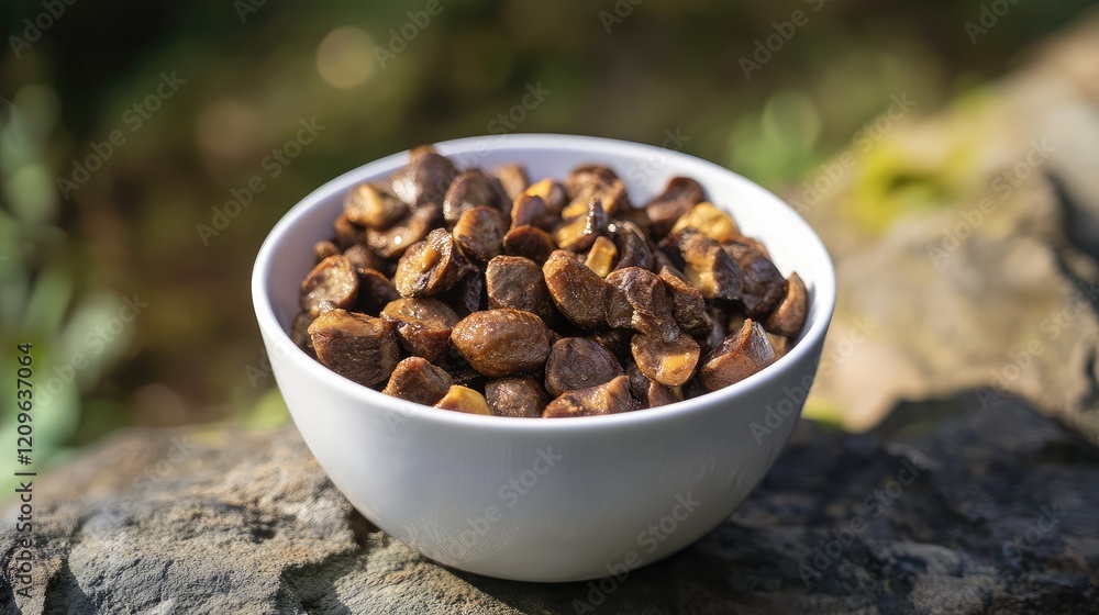 Obraz premium Freshly Roasted Chestnuts in a White Bowl Set Against a Natural Green Background with a Textured Stone Surface