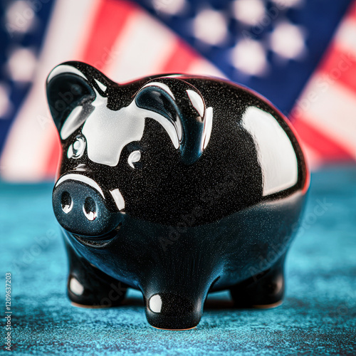 Saving for the future black piggy bank american flag background close-up photo