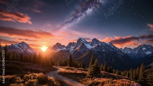 Cinematic sunset above snowy mountains and valley