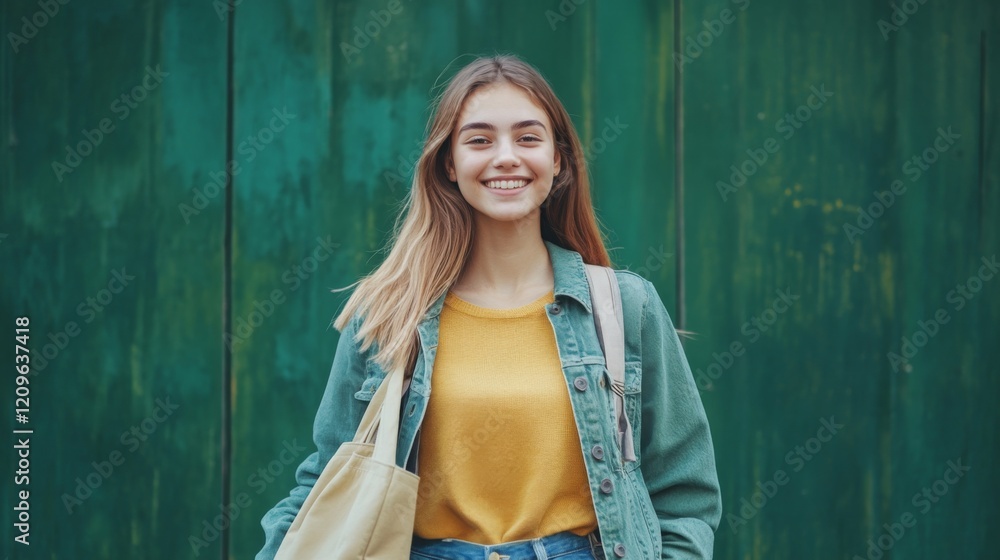 Fototapeta premium A happy young woman in a casual student outfit, carrying a tote bag and smiling confidently