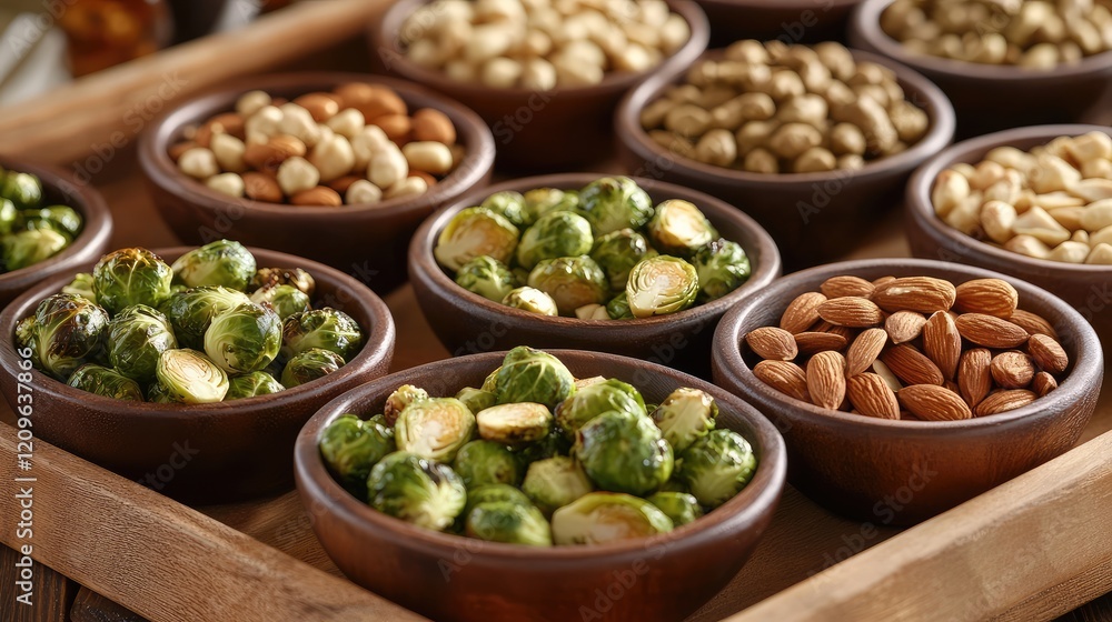 Roasted Brussels Sprouts Glazed with Maple Syrup and Almonds in Rustic Wooden Bowls on Natural Wood Serving Tray Roasted Brussels Sprouts Glazed with Maple Syrup and Almonds in Rustic Wooden Bowls on Natural Wood Serving Tray