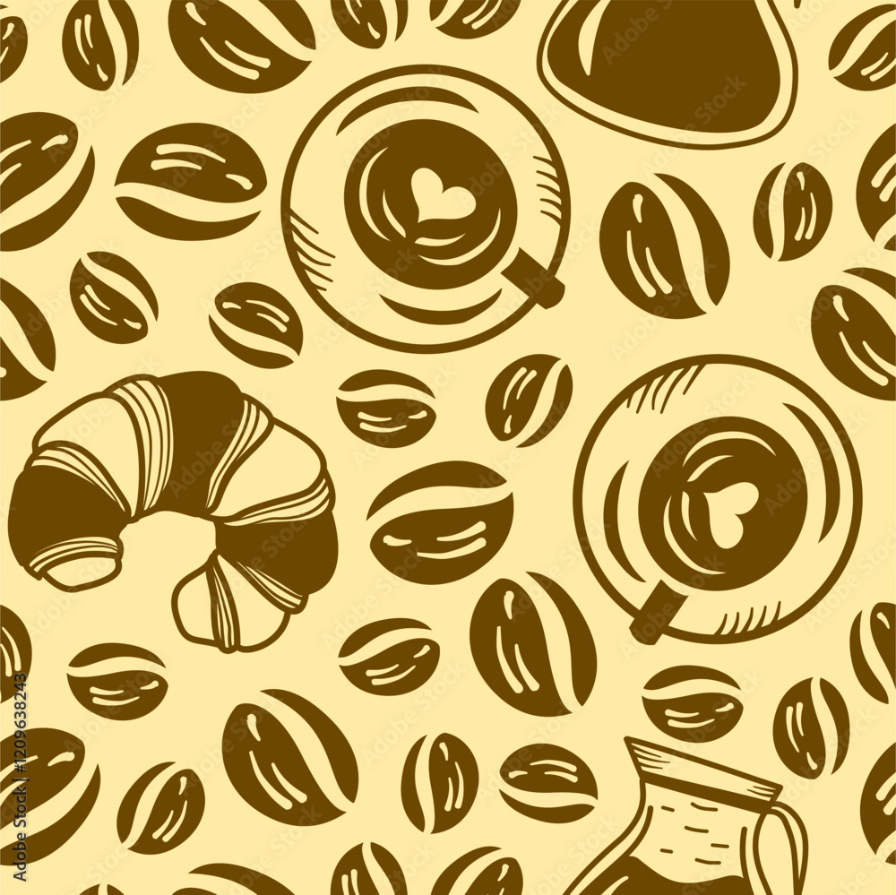 Obraz premium Vintage Coffee Doodle Pattern background. cafe pattern background. Cafe Themed Coffee Bean Pattern background. Coffee and Cafe pattern background.