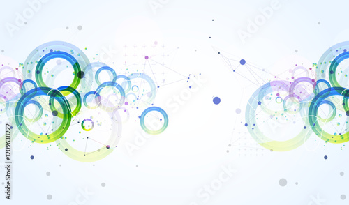 Abstract background with gradient circles. Scientific, futuristic theme with plexus effect.