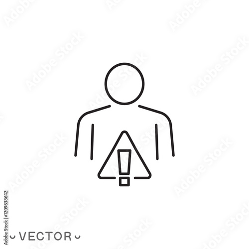 alert risk for man icon, attention information caution, human with exclamation mark, thin line symbol concept isolated on white background, editable stroke eps 10 vector illustration