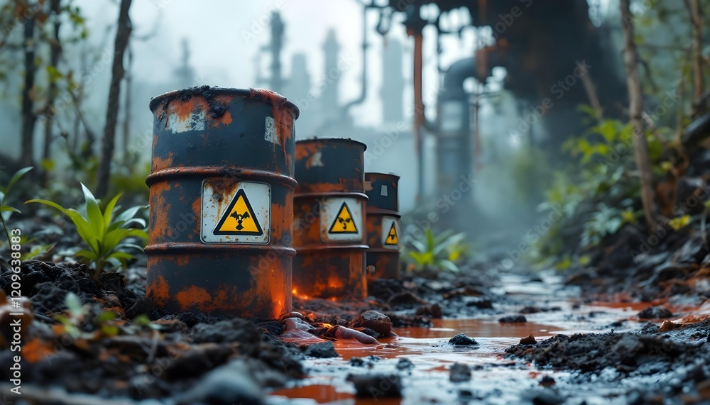 Toxic Wasteland: Radioactive Barrels in a Post-Apocalyptic Landscape Toxic Wasteland: Radioactive Barrels in a Post-Apocalyptic Landscape