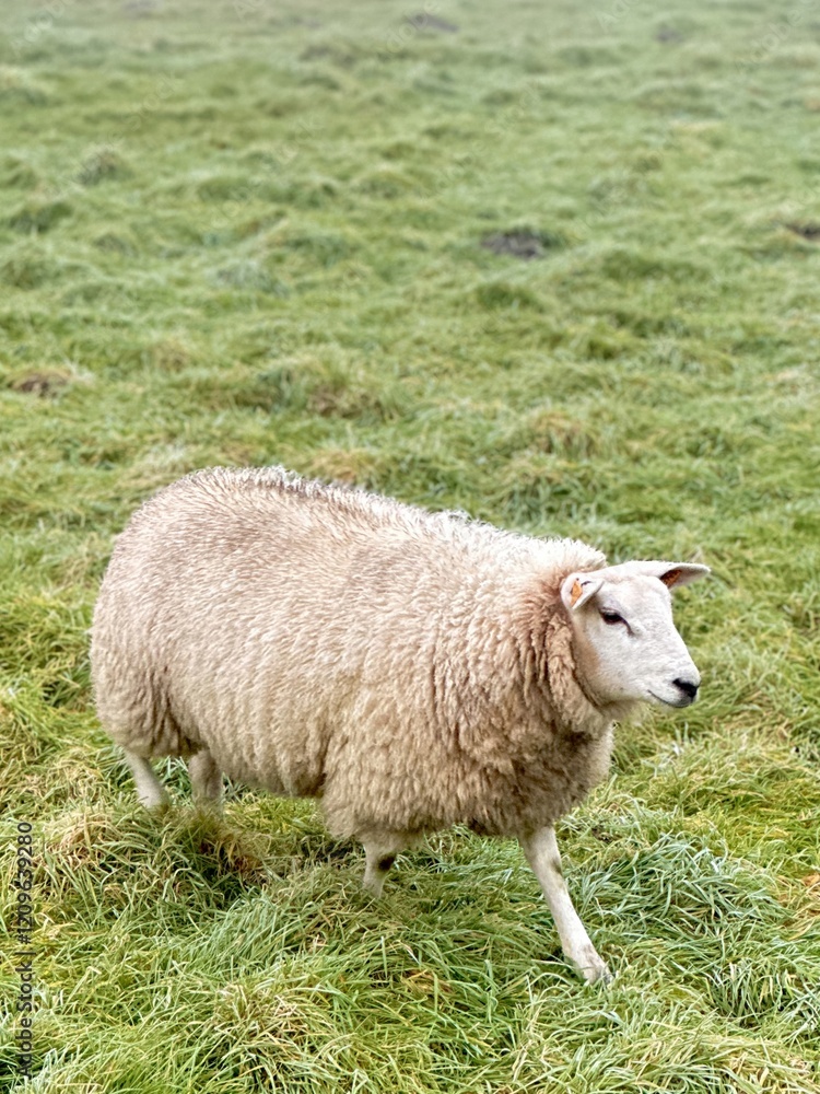 Obraz premium Sheep in a Rural Pasture Field, selective focus