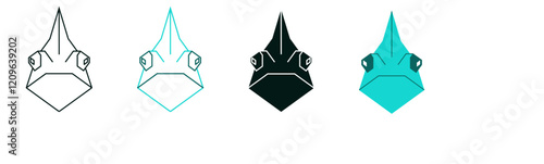 Polygon chameleon head icon set. Nature or pet concept. Minimalist symbol. Line or solid color logo for web or mobile app. Modern illustration. Geometric style. Editable vector stroke. 