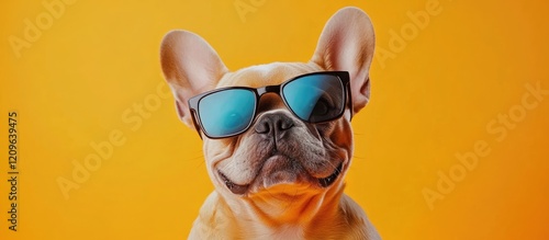 Cheerful French Bulldog wearing sunglasses against vibrant orange background Adorable puppy portrait perfect for pet lifestyle and training themes photo