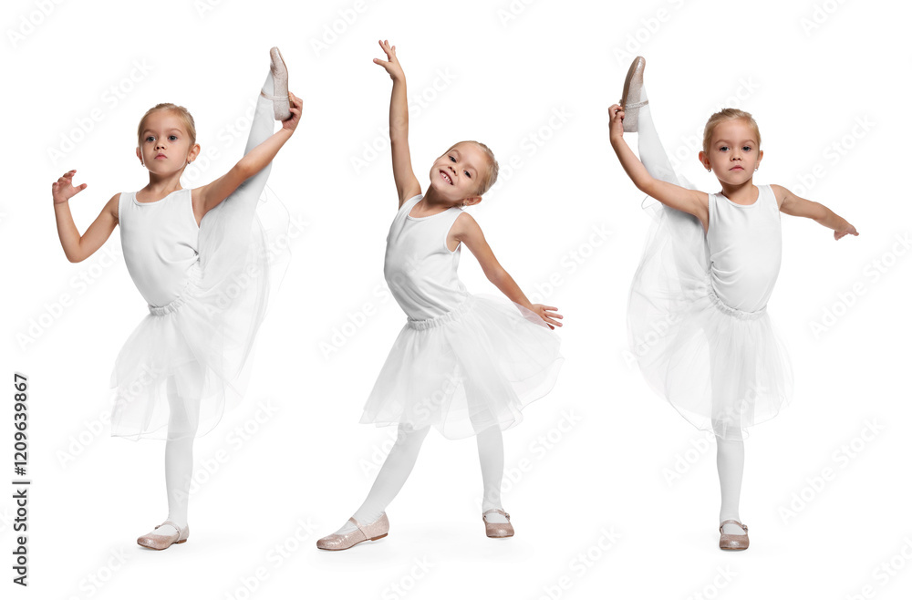Naklejka premium Small ballerina on white background, collage of photos