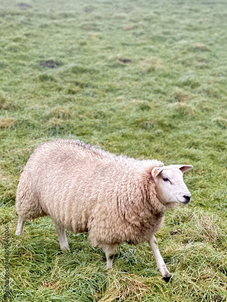Sheep in a Rural Pasture Field, selective focus