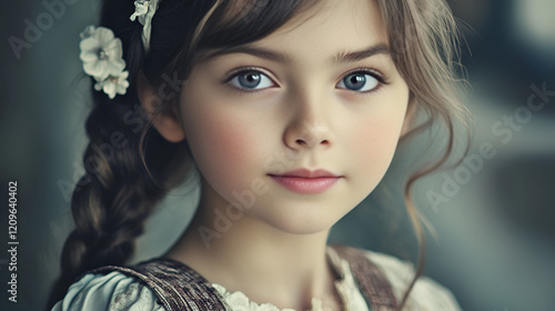 a close-up portrait of a young girl with dark hair and blue eyes, wearing a floral hair accessory and a somber expression