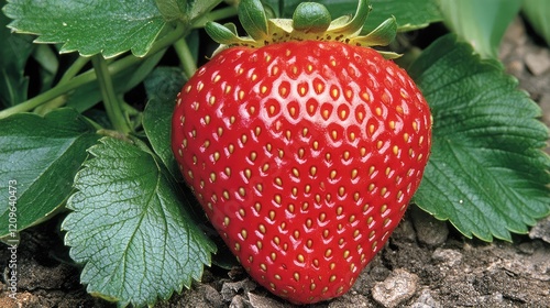 Fresh ripe strawberry nestled among vibrant green leaves showcasing natural beauty and agricultural abundance in a garden setting photo