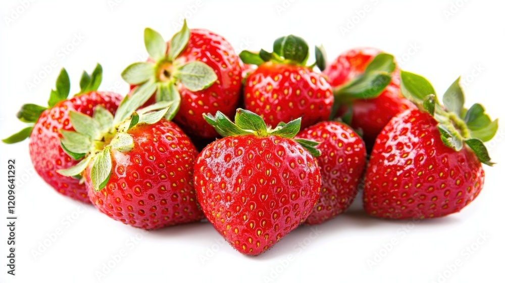 A cluster of vibrant red strawberries with their glossy skins and fresh green stems, Each berry’s juicy texture and bright color captured with precision A cluster of vibrant red strawberries with their glossy skins and fresh green stems, Each berry’s juicy texture and bright color captured with precision