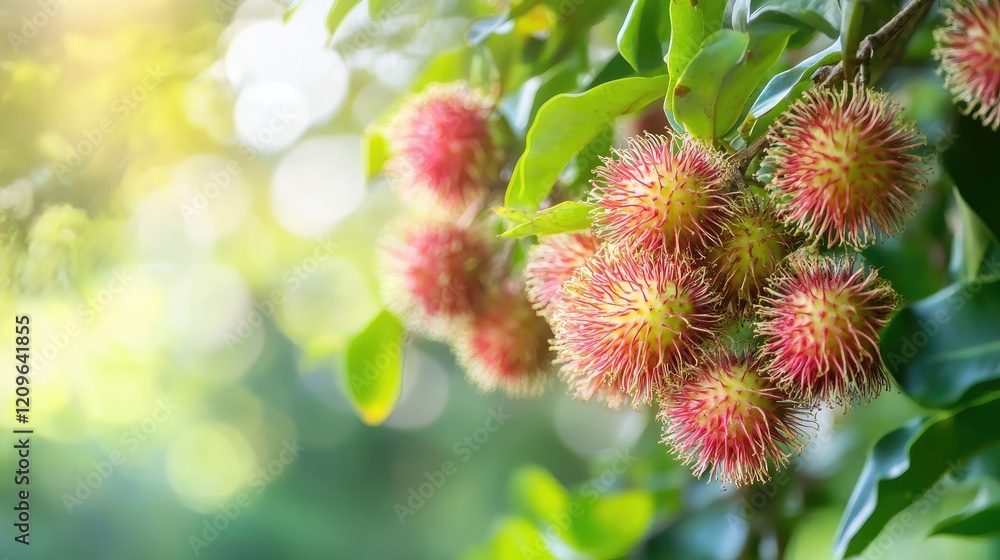 Ripe rambutan fruits clustered on tree branches in a lush garden setting with soft natural light. Ripe rambutan fruits clustered on tree branches in a lush garden setting with soft natural light.
