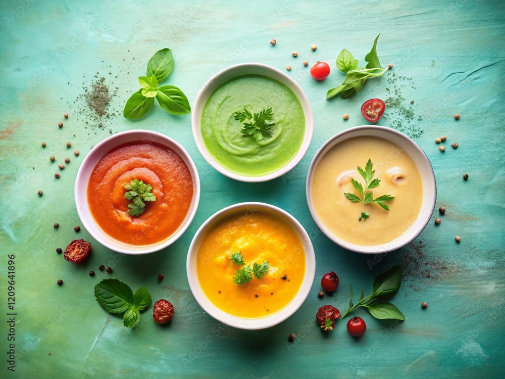 Delicious Pastel Soup Bowls: Top-View Food Photography Delicious Pastel Soup Bowls: Top-View Food Photography