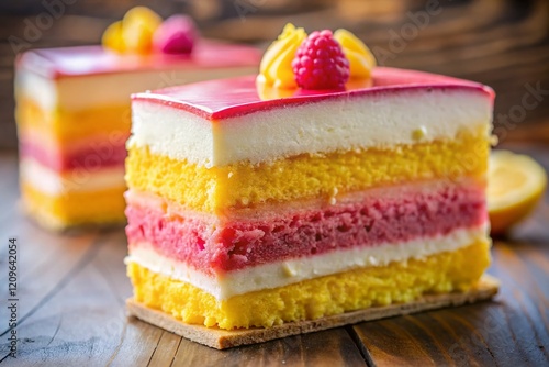 Delicious Pink & Yellow Ombre Layered Cake Slice Close-Up photo