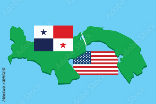 Map of Panama with USA and Panama flags on blue background. Panama Canal in white stroke. Concept of belonging. 