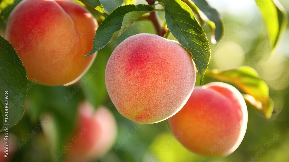 Ripe peaches on tree branches with soft sunlight highlighting their natural beauty and vibrant colors in a summer orchard. Ripe peaches on tree branches with soft sunlight highlighting their natural beauty and vibrant colors in a summer orchard.