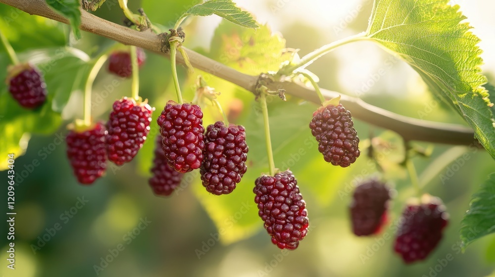 Ripe mulberries hanging on branches in a sunlit summer garden depicting natural fruit abundance and seasonal harvesting. Ripe mulberries hanging on branches in a sunlit summer garden depicting natural fruit abundance and seasonal harvesting.