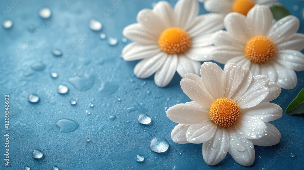 Elegant Daisy Flowers Adorned on a Serene Blue Background Elegant Daisy Flowers Adorned on a Serene Blue Background