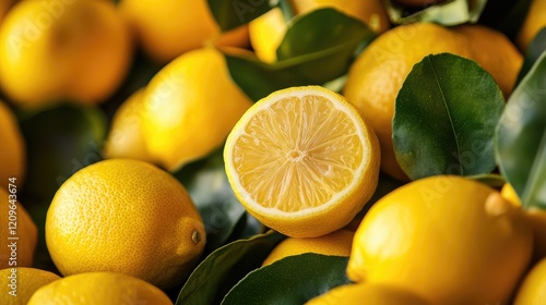 Ripe Meyer lemons displayed with fresh green leaves in a vibrant macro arrangement highlighting their natural beauty and color contrast