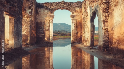 Ancient ruins reflecting in water with picturesque landscape and clear blue sky for tranquil and nostalgic themes photo