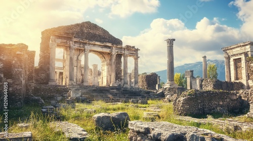Ancient Roman ruins showcasing archaeological site with remnants of grandeur under a bright sky and lush grass in the foreground.