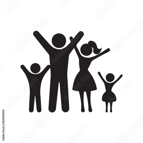 A minimalistic black silhouette of a happy family of four, with two taller parent figures and two smaller child figures