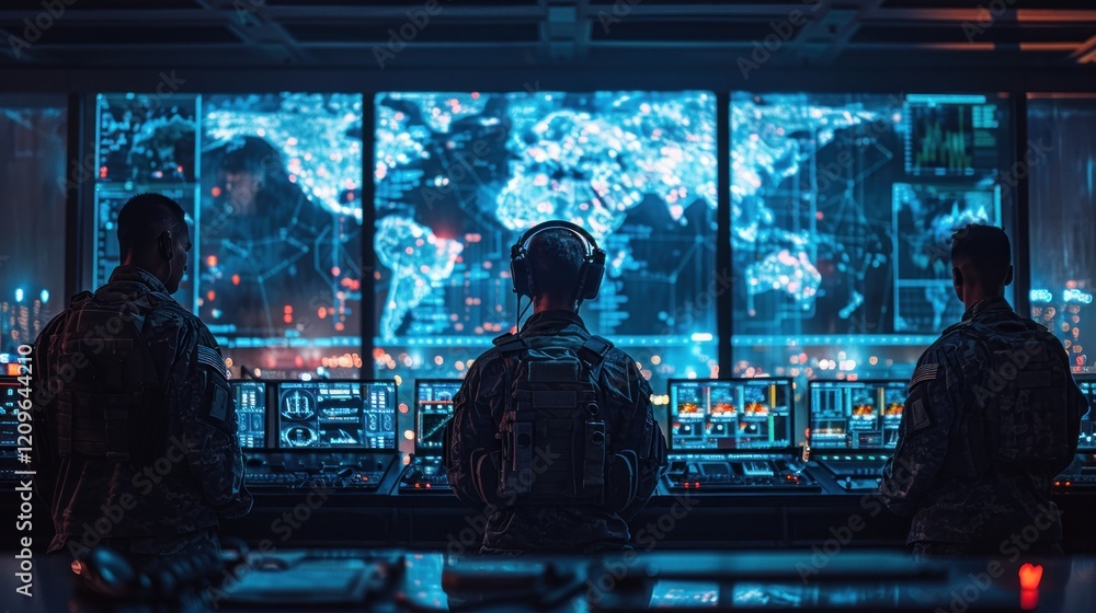 Military staff in a high tech command post work on intelligence gathering, integrating real time surveillance and maintaining security protocols. Military staff in a high tech command post work on intelligence gathering, integrating real time surveillance and maintaining security protocols.