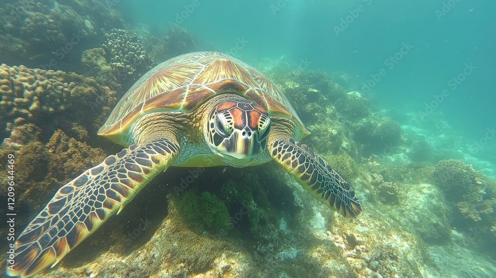 Fototapeta premium Sea turtle gliding gracefully underwater while exploring vibrant coral reef habitat