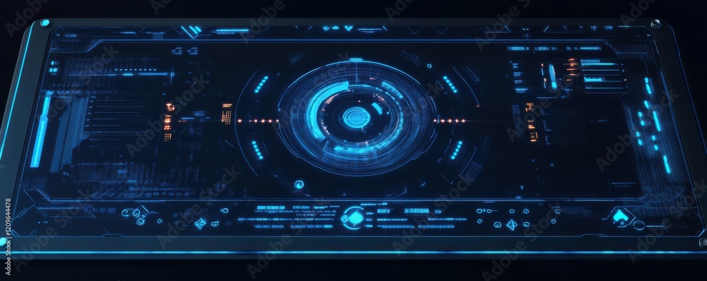 Obraz premium Abstract futuristic blue hologram interface with glowing data, tech theme.