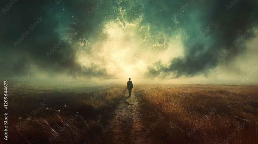 Fototapeta premium Solitary Figure Walking Towards a Glowing Celestial Event