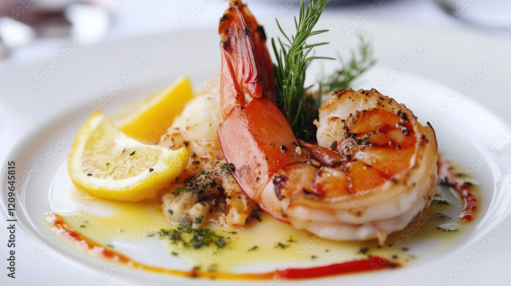 Gourmet Seafood Dish with Grilled Shrimp Lemon Wedges and Fresh Herbs Haute Cuisine Presentation Gourmet Seafood Dish with Grilled Shrimp Lemon Wedges and Fresh Herbs Haute Cuisine Presentation