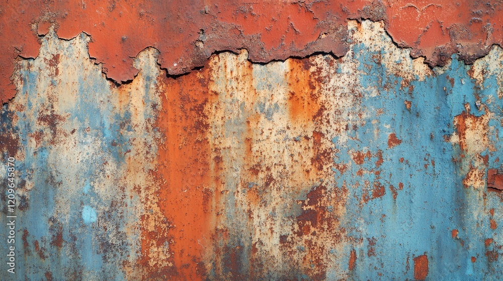 Rusty and weathered blue and orange wall texture with peeling paint close up detail for industrial or vintage backgrounds Rusty and weathered blue and orange wall texture with peeling paint close up detail for industrial or vintage backgrounds