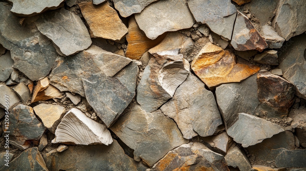 Irregularly shaped gray and brown stones are closely packed. Irregularly shaped gray and brown stones are closely packed.