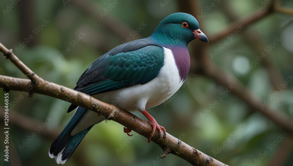 Fototapeta premium The kereru bird perches on a branch in the morning in its natural habitat